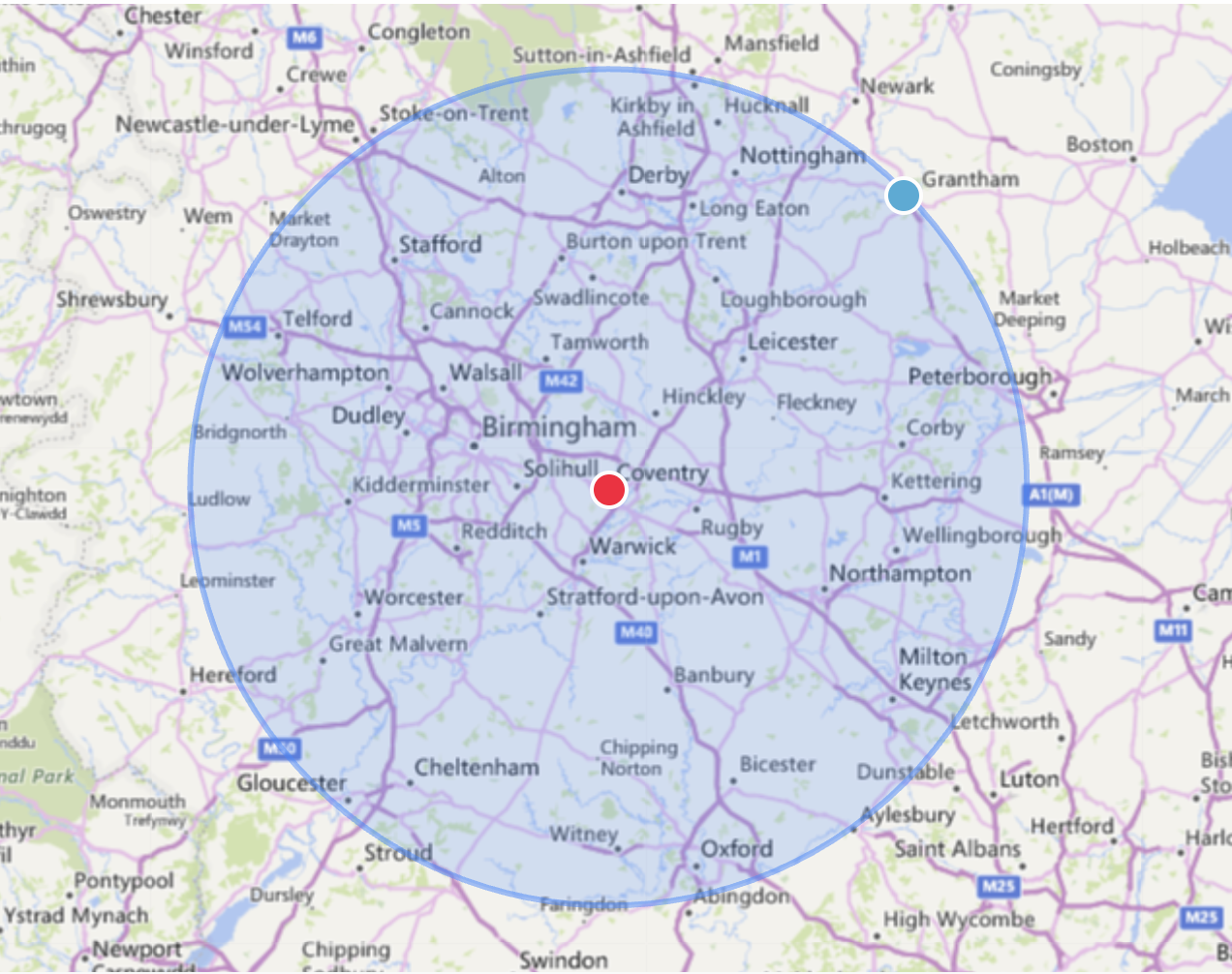 Image showing the service areas for Flynn's Carpentry & Joinery. They serve customers within a 50 mile radius of Coventry.
