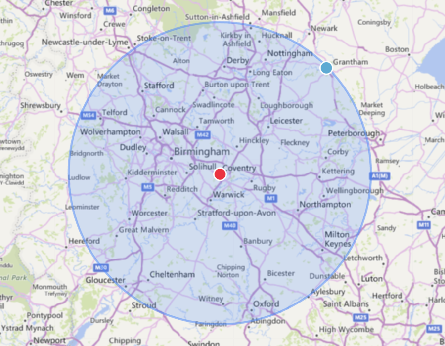 Image showing the service areas for Flynn's Carpentry & Joinery. They serve customers within a 50 mile radius of Coventry.